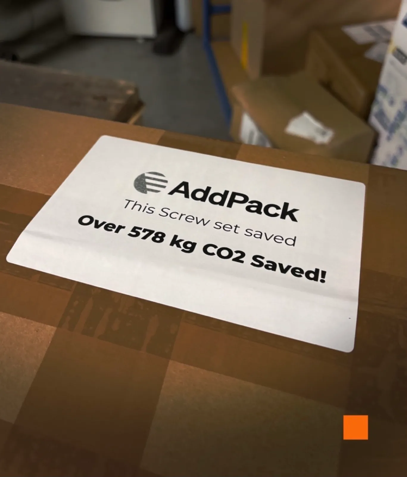 AddPack shipping label: this screw set saved over 578 kg CO2